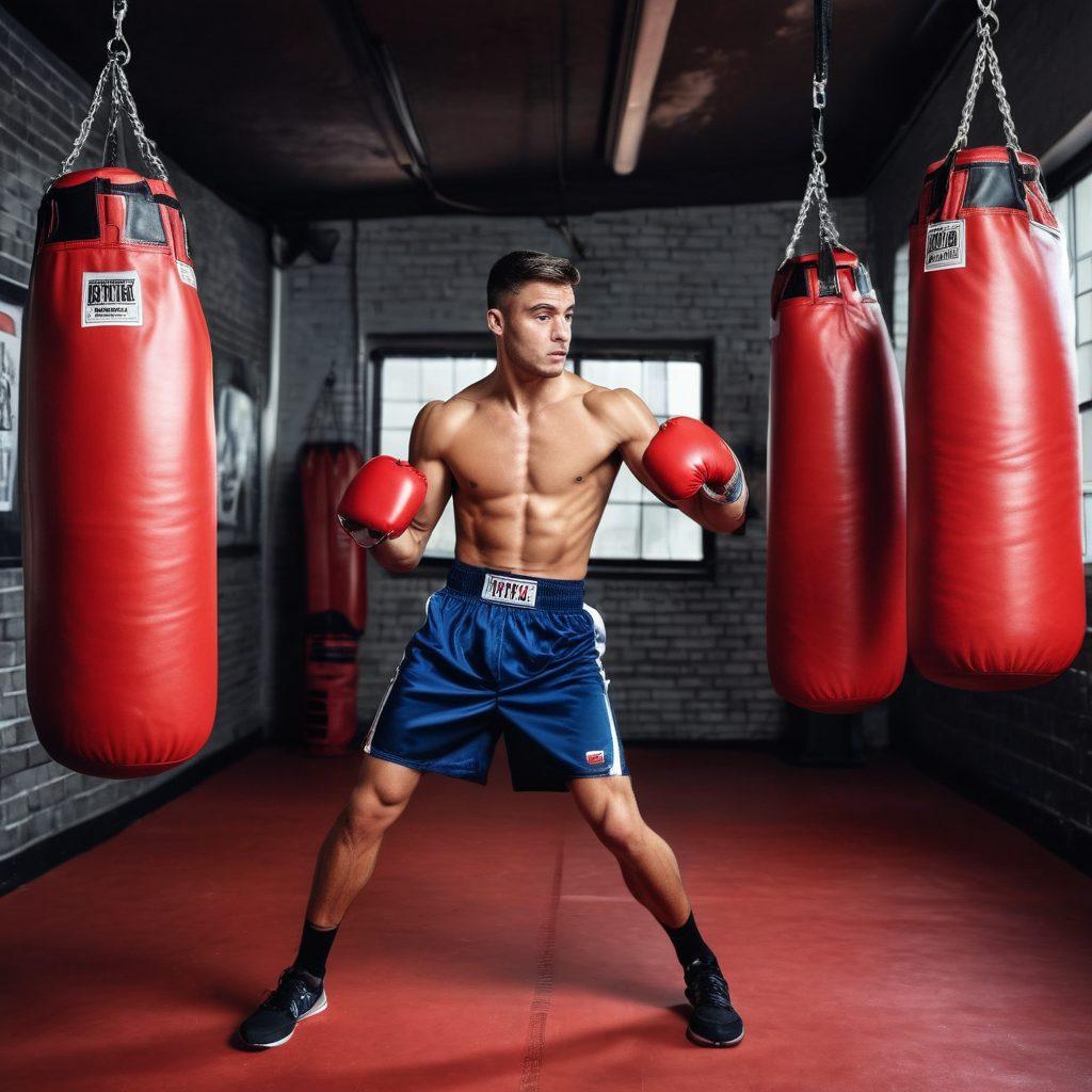 A dynamic scene depicting a beginner boxer training in a gym, surrounded by high-quality boxing equipment like gloves, bags, and mats. The background features motivational posters of boxing legends and a coach giving instructions. Include a transition effect showing the growth from a novice to an experienced boxer, with visual indicators of progress and skill enhancement. The colors should be vibrant, capturing the energy and passion of the sport. super-realistic. vibrant colors. gym atmosphere.