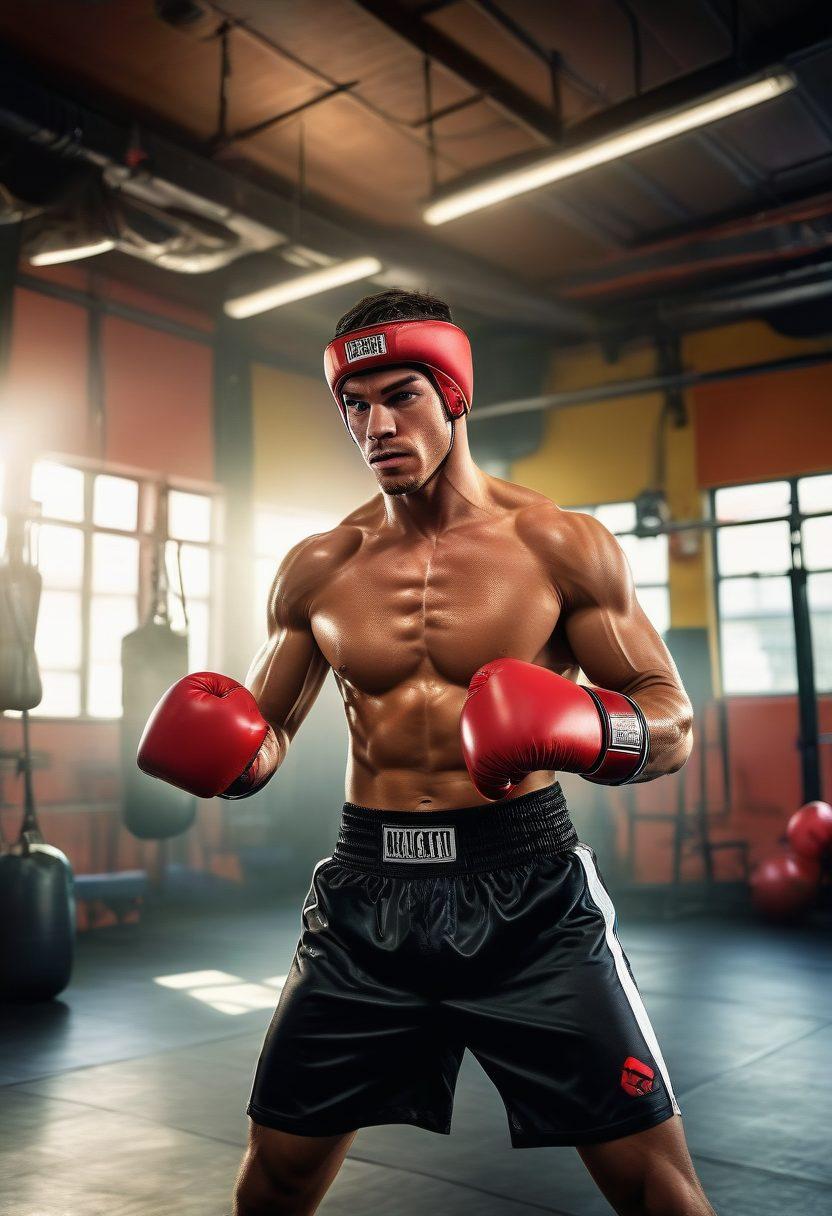 A dynamic scene of a boxer training in a well-equipped gym, showcasing essential gear like gloves, headgear, and hand wraps. The boxer is in mid-action, sweat glistening, with a trainer nearby demonstrating techniques. The background features punching bags, a ring, and motivational posters on the walls, vibrant colors capturing the energy and intensity of boxing. super-realistic. vibrant colors. dramatic lighting.