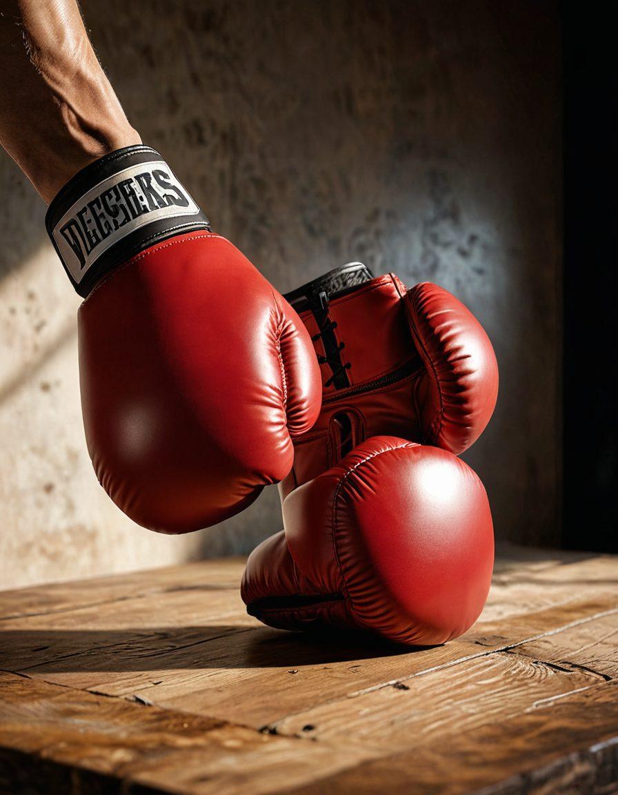 A close-up shot of various boxing gloves in different styles and colors, displayed on a textured wooden surface. Include a fighter's hand reaching for a pair of gloves, with a boxing ring in the background softly blurred. Highlight the differences in padding and material of the gloves with a light source casting dynamic shadows. Focus on the excitement of choice in a fighter's journey. super-realistic. vibrant colors. soft focus.